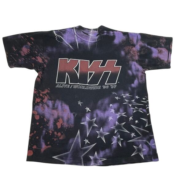Vintage Kiss Alive Worldwide Tour 96/97 90s Tie Dye All Over Print Shirt Size XL - Picture 2 of 10